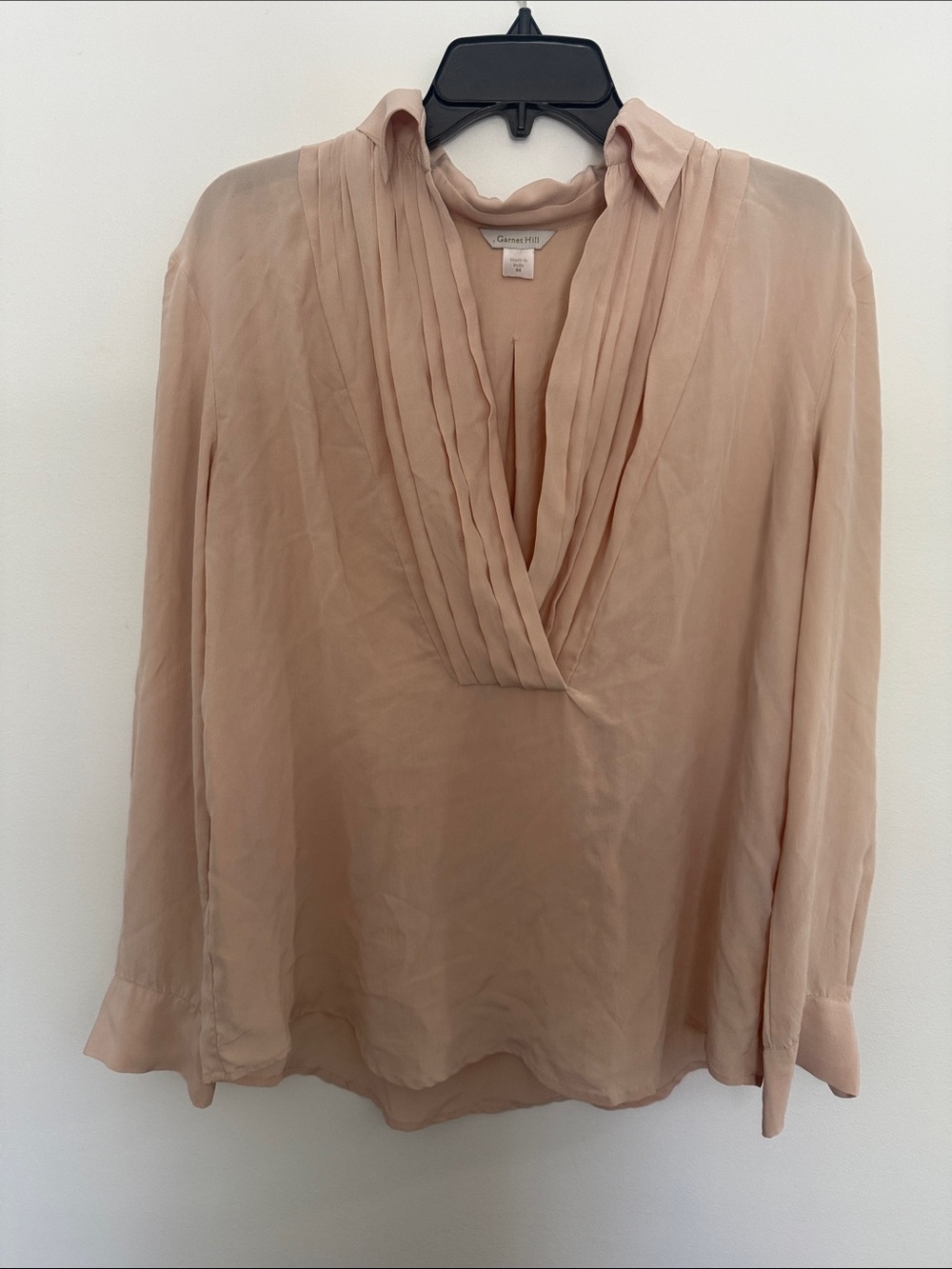 Garnet Hill Blush Pleated V-Neck Silk Blouse